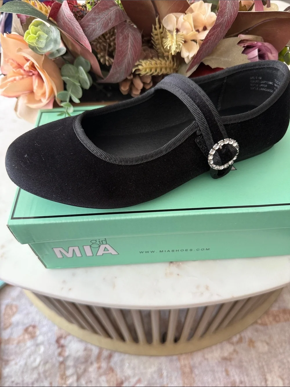 MIA Girl Black Velvet Mary Jane with Rhinestone Circle Accent